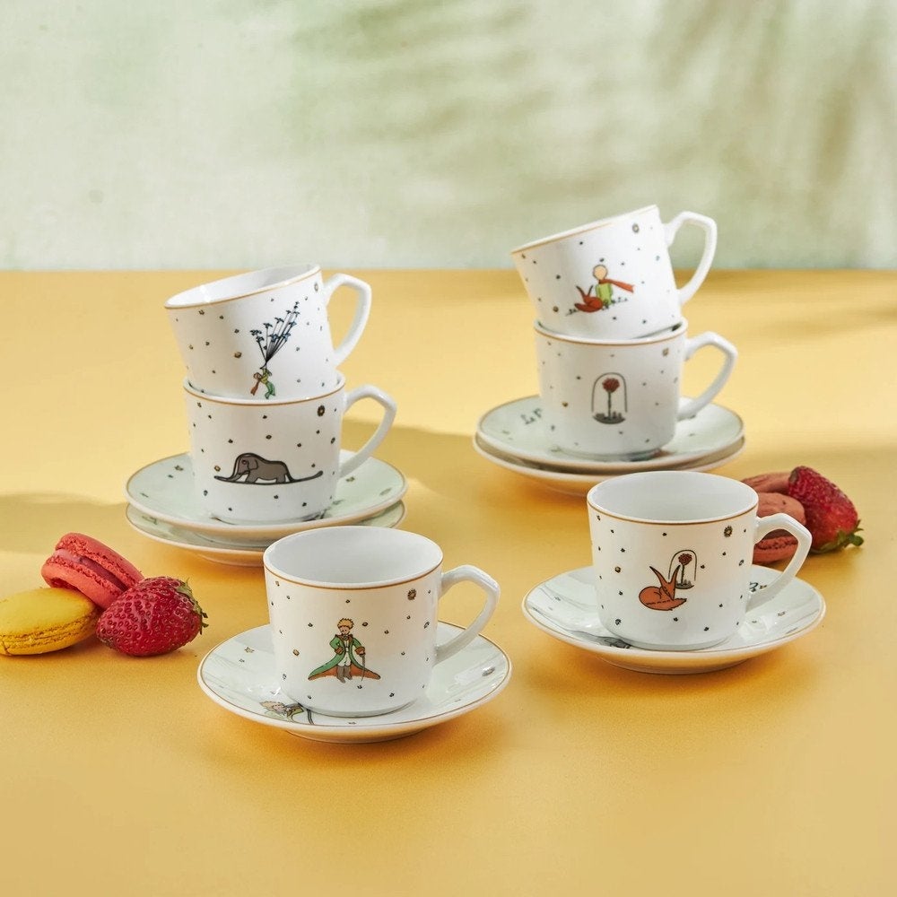 Karaca Little Prince 12-Piece Porcelain Espresso Turkish Coffee Cup Set for 6 People, 80ml, White Multi